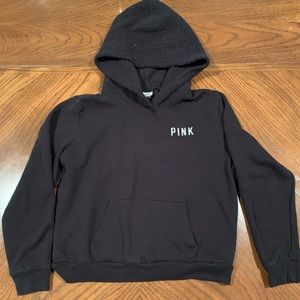 PINK Black Sherpa Cropped Hoodie